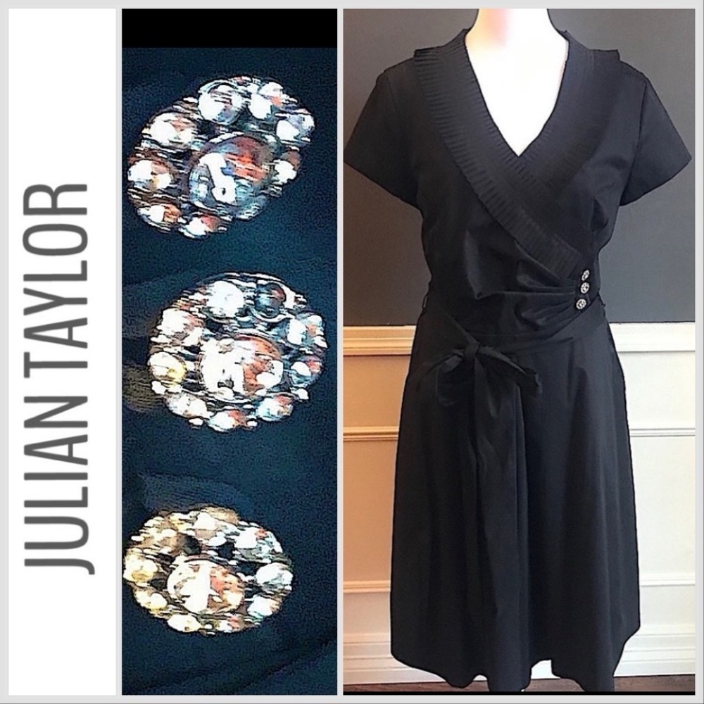 JULIAN TAYLOR Black Rhinestone V Ruffle Neckline Cocktail Cap Sleeve Dress SZ 4